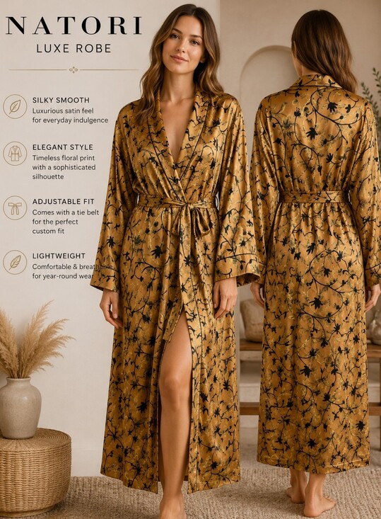 Natori Other - Natori Satin Floral Robe Gold Black Long Wrap Kimono Tie Waist Loungewear Size M